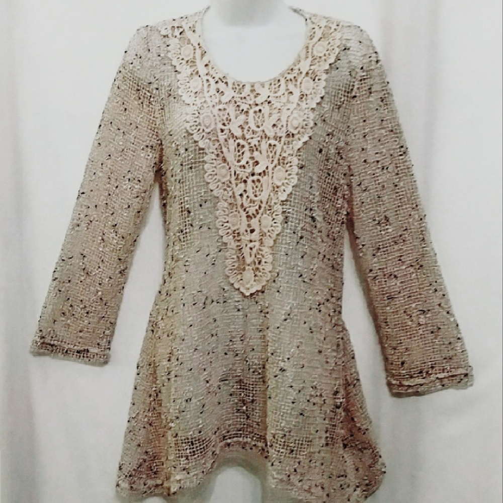 Boho Open Weave Lace Front Tunic Top - image 2